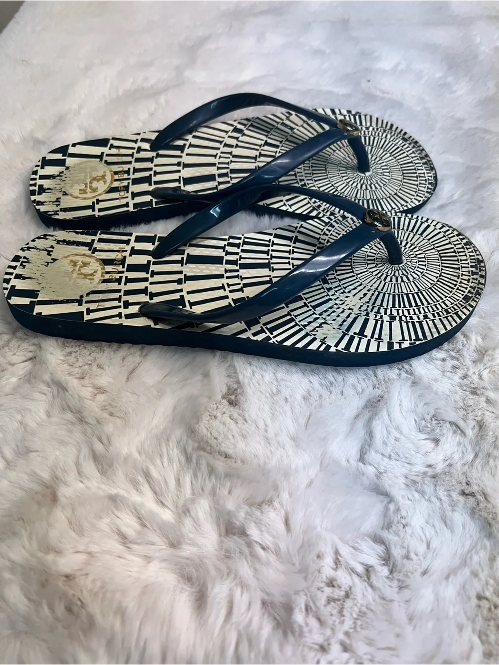 Tory Burch Navy and White Printed Logo Flip Flop Sandals